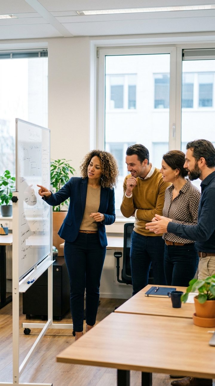 Trainer bij een whiteboard terwijl het team meekijkt
